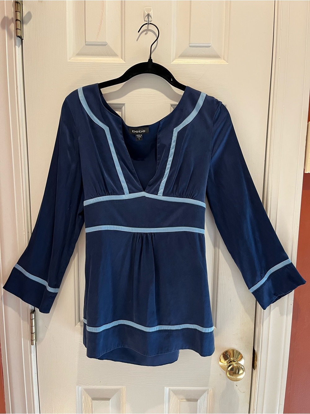 bebe Night Sea Navy Blue Silk Spandex Long Sleeve Blouse Size L